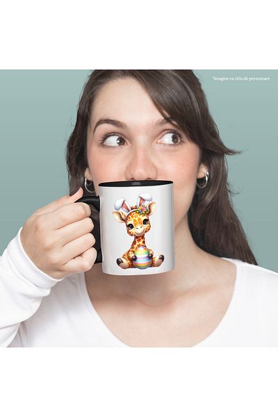StoryGift Romania Mug with a giraffe, illustration, rabbit ears, egg, cheerful, happy, playful c, With Black Handle