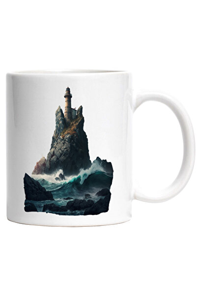 StoryGift Romania Cana Cu Far pe o Stanca cu Valuri, Marinar, Apa, Ocean, Barca,Ceramica, 330ml, c, Cu Maner Alb