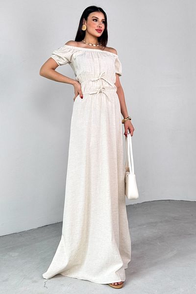 Cappmoda ELB-25212 Φόρεμα με μανίκια από μπαλόνι σε χρώμα πέτρας με λεπτομέρεια από καουτσούκ