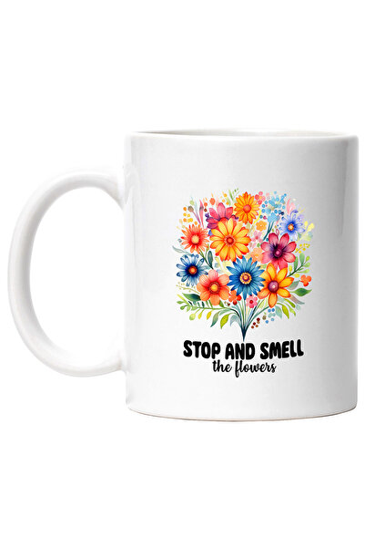 StoryGift Romania Cana cu multe flori divers colorate cu mesajul "Stop and sm...