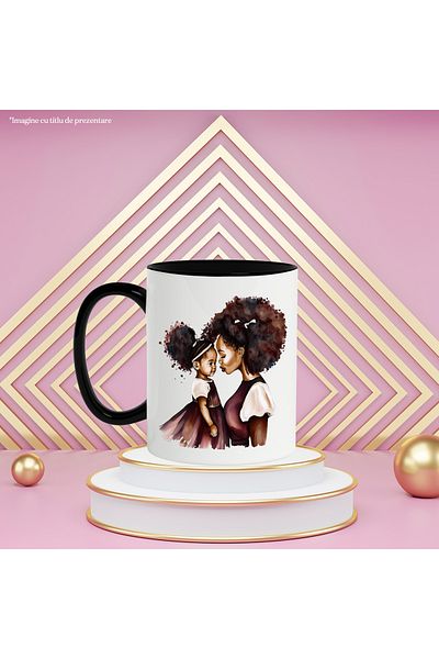StoryGift Romania Cana cu o mama de culoare care isi tine fetita in brate | ilustratie | bucurie |, Cu Maner Negru