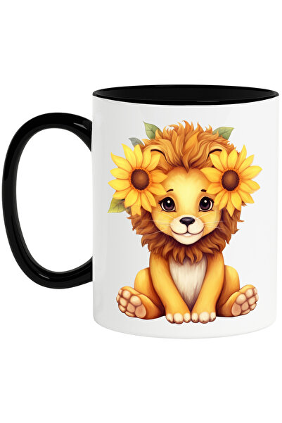 StoryGift Romania Cana cu un pui de leu cu flori de floarea-soarelui in dreptul urechilor | ilustr, Cu Maner Negru