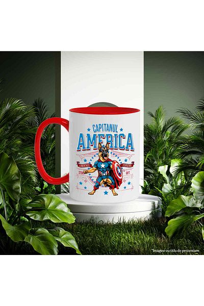 StoryGift Romania Cana cu Ciobănesc German / German Shepherd Caine In Costum de Capitan America cu, Cu Maner Rosu