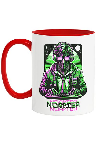 StoryGift Romania Cana Noaptea. in lumina ecranelor, cream vise programator, 330ml, Ceramic cu Man, Cu Maner Rosu