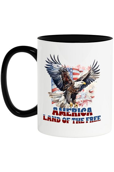 StoryGift Romania Cana cu un vultur cu cap alb cu mesajul "America, land of the free", ilustratie,, Cu Maner Negru
