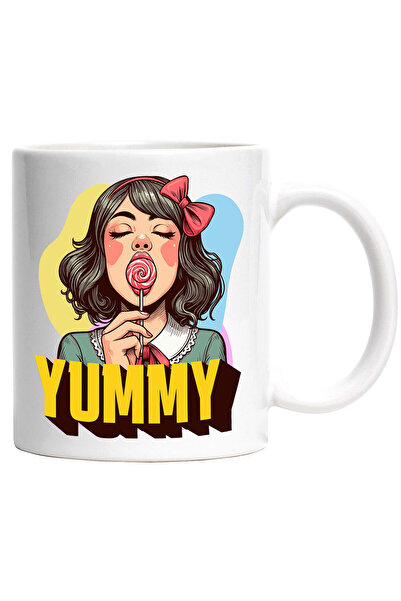 StoryGift Romania Cana cu Fata Bruneta cu Funda Si Acadea Rosie Text Yummy, Atragator, Sexy, Dulci, Cu Maner Alb