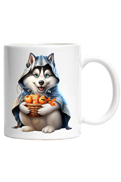 StoryGift Romania Cana cu un caine Husky care tine un cos cu dovleci | ilustr...