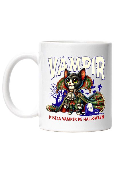 StoryGift Romania Cana cu Pisica Regina Vampir Cu Colti Text Pisica Vampir De Hallowen, Ceramica, , Cu Maner Alb