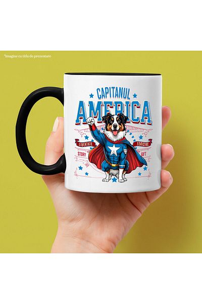 StoryGift Romania Cana cu Ciobănesc Australian / Australian Shepherd Caine In Costum de Capitan Am, Cu Maner Negru