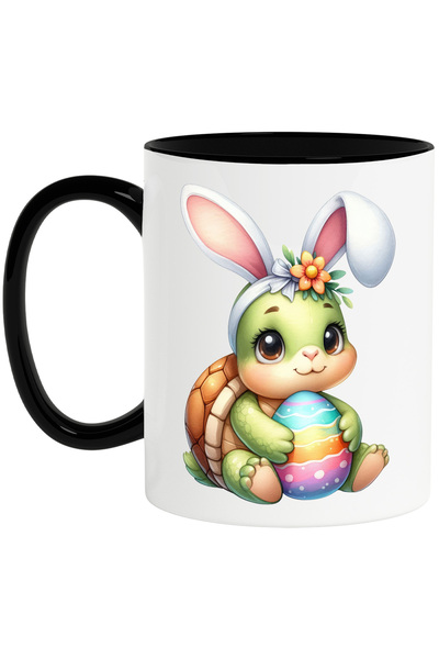 StoryGift Romania Cana cu o micuta broasca testoasa, ilustratie, urechi de iepuras, ou vopsit, dif, Cu Maner Negru