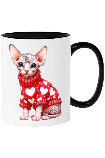 StoryGift Romania Cana cu o pisicuta Sfinx care poarta o bluza groasa | ilustratie | cu inimioare , Cu Maner Negru