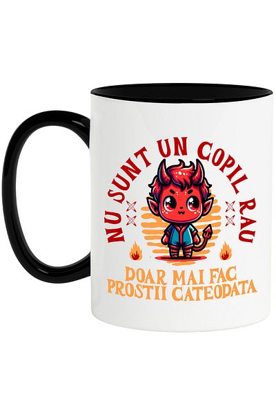StoryGift Romania Cana cu Diavol Cu Coarne Text Nu Sunt Un Copil Rau Doar Mai Fac Prostii, Ceramic, Cu Maner Negru