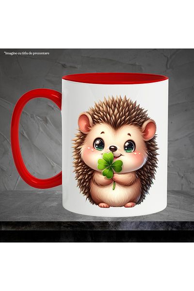 StoryGift Romania Cana Cu Un Pui De Arici | Ilustratie | Vesel | Ochi Verzi Care Sclipesc | Trifoi, Cu ,stg