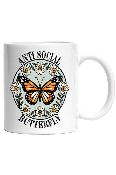 StoryGift Romania Cana cu fluture cu aripi portocalii si cu flori albe cu mes...