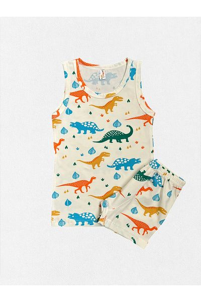 elmas kids Boy's 100% Cotton Colorful Dinosaurs Patterned Ecru Undershirt Boxer Set with Stitched Mesh Part