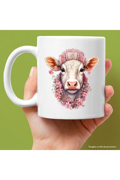 StoryGift Romania Cana cu o vacuta cu caciula | ilustratie | lantisor din floricele | natura | fer, Cu Maner Alb