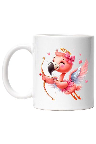 StoryGift Romania Cana cu o pasare Flamingo care trage cu arcul | ilustratie | Flamingo | inimioar, Cu Maner Alb
