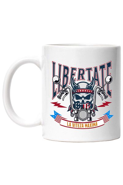 StoryGift Romania Cana cu Craniu Uman Cu Coarne Si Bandana America Motocicleta Hobby Pasiune Vitez, Cu Maner Alb