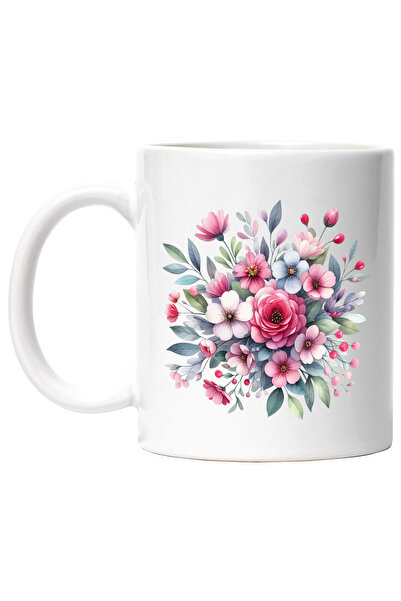 StoryGift Romania Cana cu diverse floricele, ilustratie, rosii, roz, plante, cadou, gradina, ilust, Cu Maner Alb