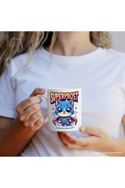 StoryGift Romania Cana Super Prost, Supererou, Pisica Zburand, 330ml, Ceramic Cu Maner Alb, Cu Maner Al,stg