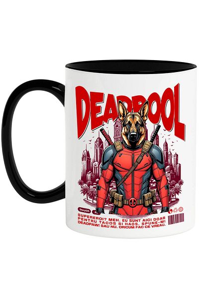 StoryGift Romania Cana cu Ciobănesc German / German Shepherd Caine In Costum de DeadPool cu Peleri, Cu Maner Negru