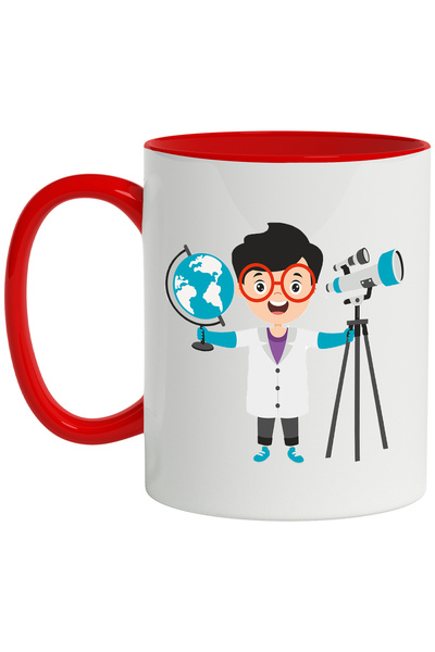 StoryGift Romania Cana Cu Fizician, Om De Stiinta, Glob Pamantesc, Ochelari, Telescop, Spatiu, Mul, Cu Maner Rosu