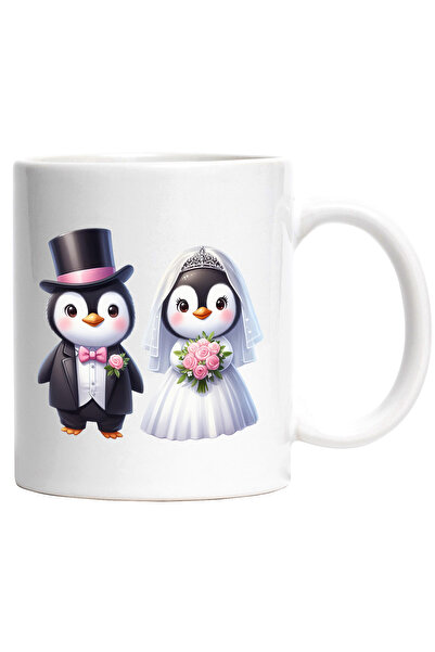 StoryGift Romania Cana cu 2 pinguini la nunta | ilustratie | rochie de mireas...