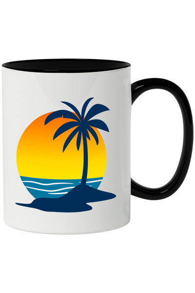 StoryGift Romania Cana Cu Palmier, Insula, Apus, Vara, Multicolor 330 ml, Ceramica cu Maner Negru, Cu Maner Negru