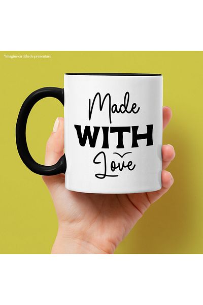StoryGift Romania Cana cu textul in limba engleza "Made with love" - facuta cu iubire pasiune cu M, Cu Maner Negru