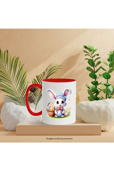 StoryGift Romania Mug with a surprised rabbit | illustration | cheerful | basket with painted eggs | flower, With ,STG.