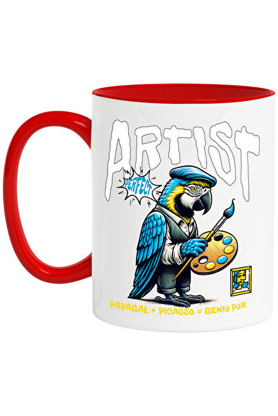 StoryGift Romania Cana papagal artist pictor geniu, arta, animal vorbitor, 330ml, Ceramic cu Maner, Cu Maner Rosu