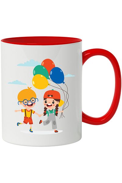 StoryGift Romania Cana Cu Baloane, Nori, Copii, Ochelari, Salopeta, Sapca, Multicolor 330 ml, Cera, Cu Maner Rosu