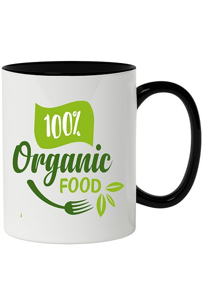 StoryGift Romania Cana Cu Mesaj In Engleza 100% Organic Food, Frunze, Picatura, Mancare, Furculita, Cu Maner Negru