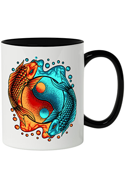 StoryGift Romania Cana Cu Pesti Koi, Ying Yang, Balanta, Asiatic, Multicolor 330 ml, Ceramica cu M, Cu Maner Negru