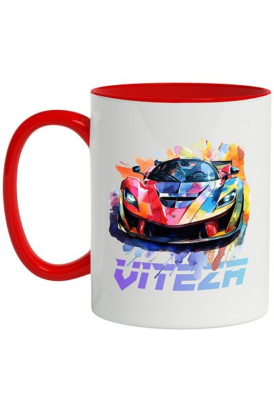 StoryGift Romania Cana Cu Mesaj Viteza, Masina Sport, Lux, Watercolor, Multicolor 330 ml, Ceramica, Cu Maner Rosu