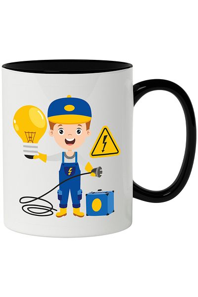 StoryGift Romania Cana Cu Inginer, Electrica, Salopeta, Semn, Cablu, Bec, Stecher, Multicolor 330 , Cu Maner Negru