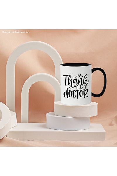 StoryGift Romania Cana cu textul in limba engleza "Thank you, doctor" - multumire sanatate cu Mane, Cu Maner Negru