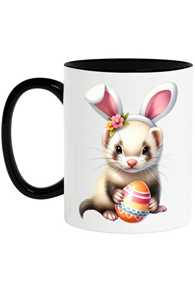 StoryGift Romania Cana cu un mic rozator, ilustratie, ou vopsit, urechi de iepure, floricele, sarb, Cu Maner Negru