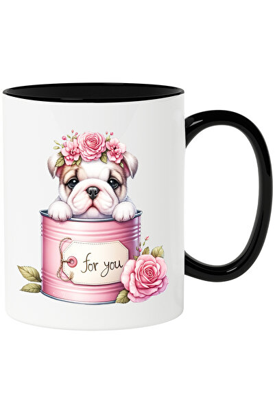 StoryGift Romania Cana cu un catel putin trist care iese dintr-o conserva | ilustratie | flori | m, Cu Maner Negru