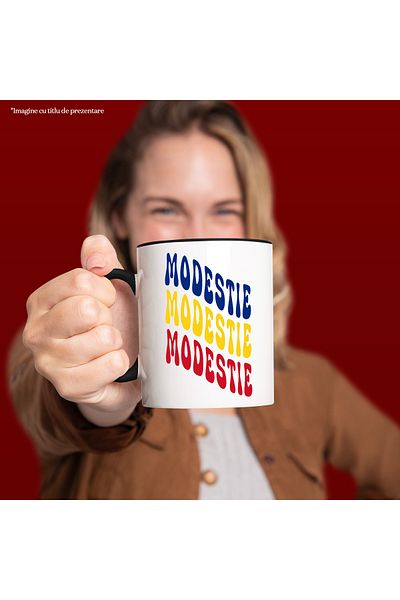 StoryGift Romania Mug The Word Modesty, in the Colors of the Romanian Flag, Red, Yellow, Blue, , With Black Handle