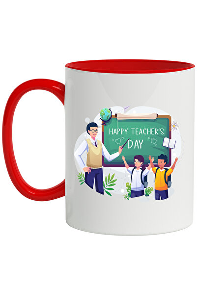 StoryGift Romania Cana Cu Mesaj In Engleza Happy Teacher's Day, Elevi, Ghiozdan, Ziua Profesorului, Cu Maner Rosu