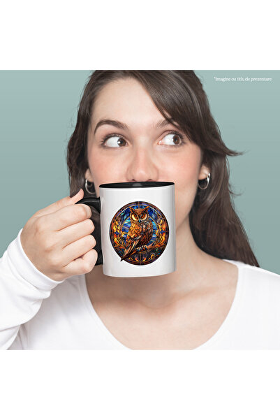 StoryGift Romania Cana cu o bufnita serioasa, ilustratie, ramuri, simboluri, ...