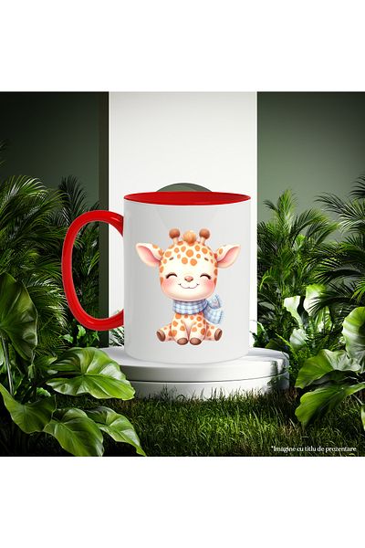 StoryGift Romania Mug with a cheerful giraffe | illustration | scarf | blushing | little one | be good, With Red Handle