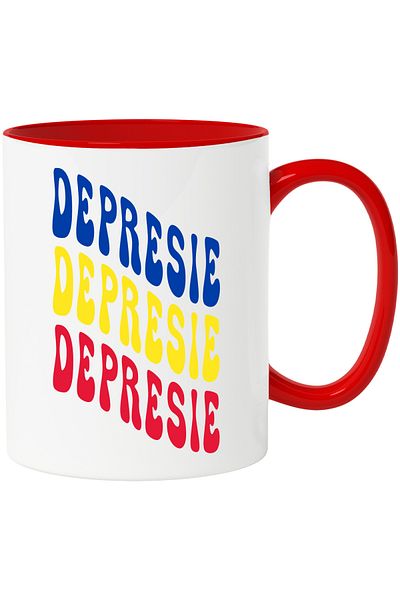 StoryGift Romania Mug The Word Depression, in the Colors of the Romanian Flag, Red, Yellow, Blue, , With Red Handle