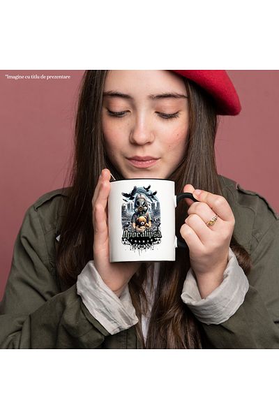 StoryGift Romania Children's mug with apocalypse mask and teddy bear, 330ml, Ceramic with Black Handle, With