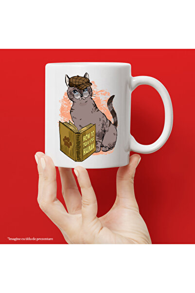 StoryGift Romania Cana cu o pisica, detectiva, ochelari, vrea sa invete cum sa isi dreseze stapanu, Cu Maner Alb