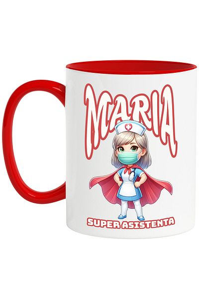 StoryGift Romania Cana cu Asistenta medicala Cu Pelerina Rosie Super Erou Masca Medicala Text Mari, Cu Maner Rosu