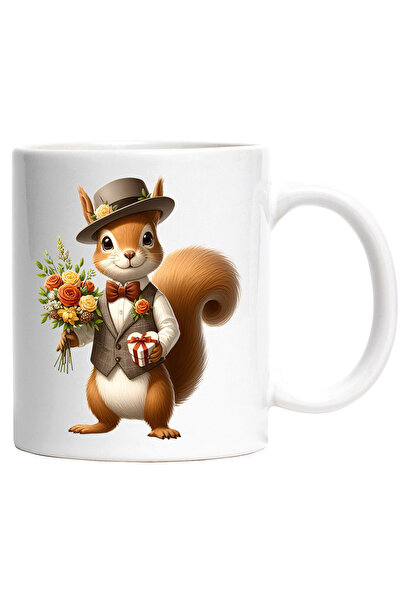 StoryGift Romania Cana cu o veverita vesela care tine un buchet cu flori si u...