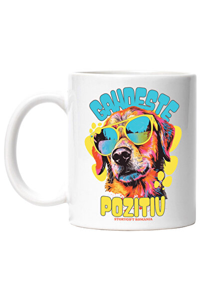 StoryGift Romania Cana Caine cu ochelari text gandeste pozitiv, 330ml, Cerami...