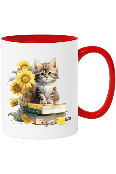 StoryGift Romania Cana cu un pisoi care sta pe 2 carti | ilustratie | flori de floarea-soarelui | , Cu Maner Rosu